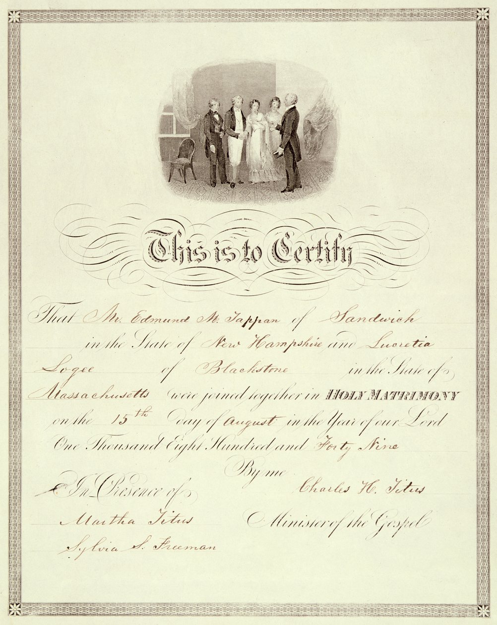 Un certificado de matrimonio de 1849 de American School