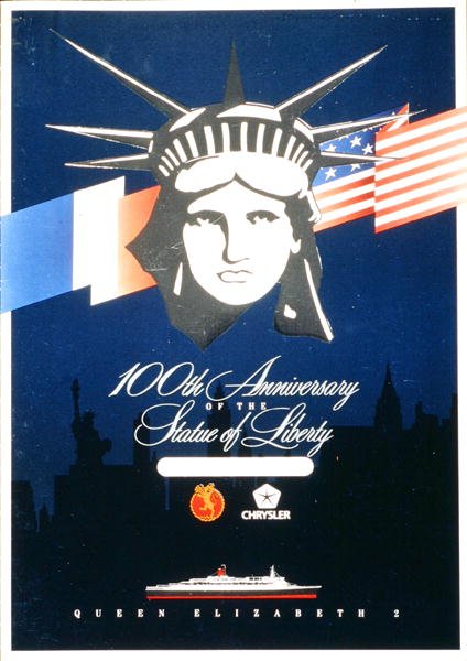 Diseño de menú celebrando el 100º Aniversario de la Estatua de la Libertad a bordo del QE2 de American School