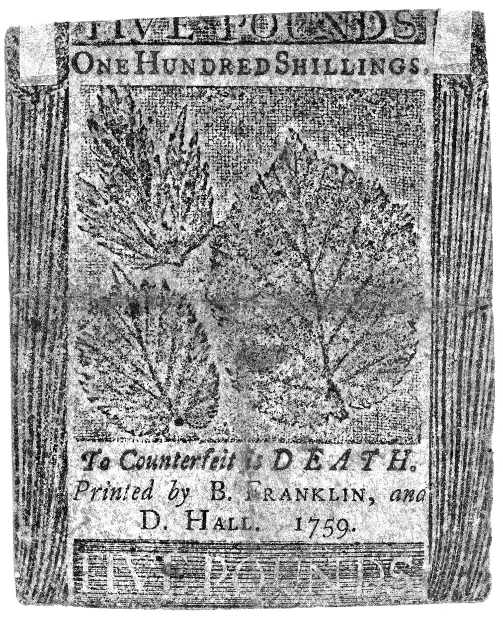 Billete de cien chelines impreso por B. Franklin y D. Hall, 1759 de American School