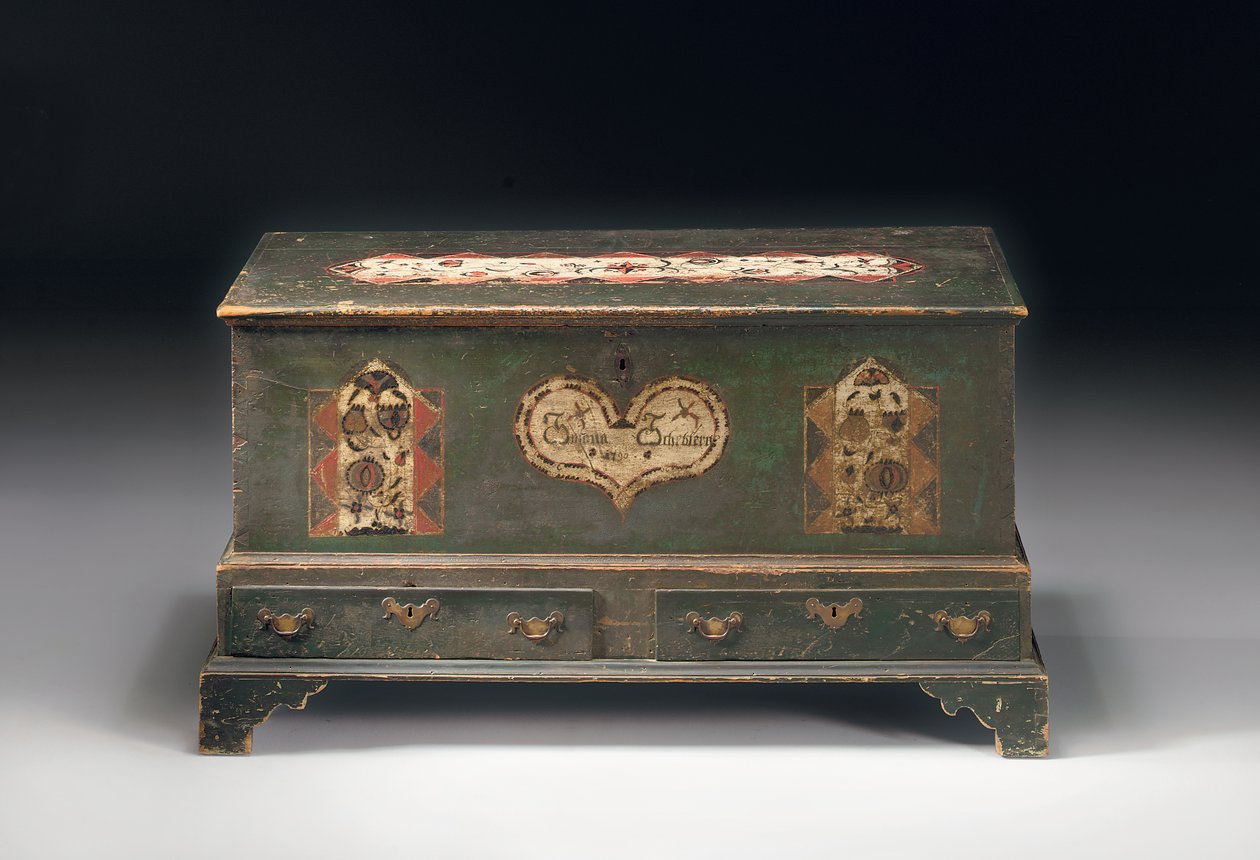 Cofre de dote con tapa decorada, inscrito Susana Scheblern, probablemente del condado de Lancaster, Pensilvania, 1790 de American School