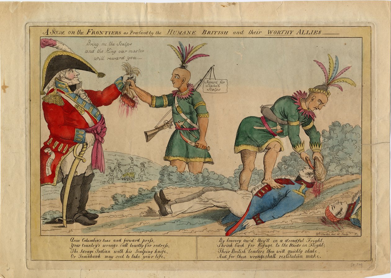 Una escena en las fronteras practicada por los británicos humanos y sus dignos aliados, c.1813 de American School