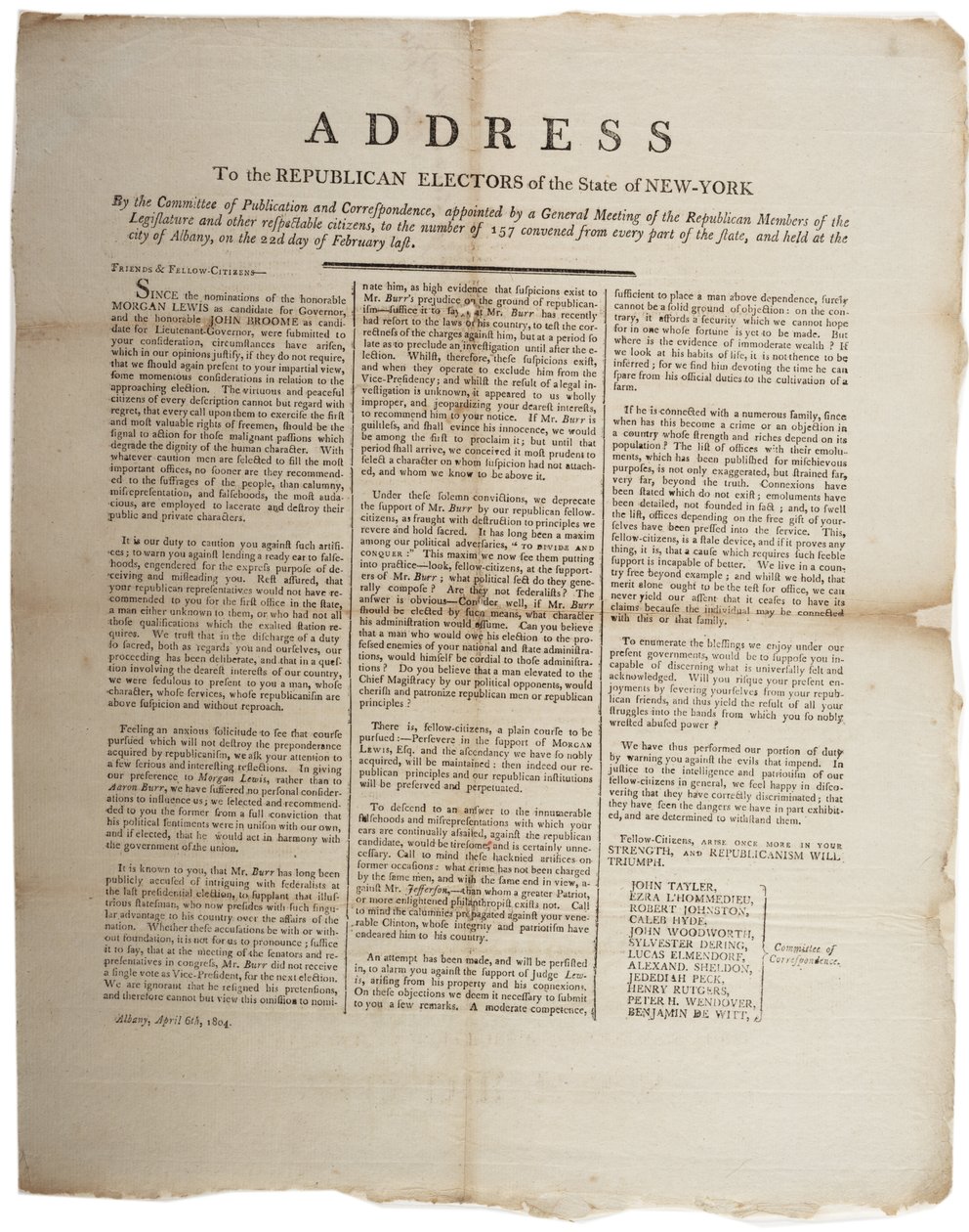 Discurso a los electores republicanos del estado de Nueva York, 6 de abril de 1804 de American School