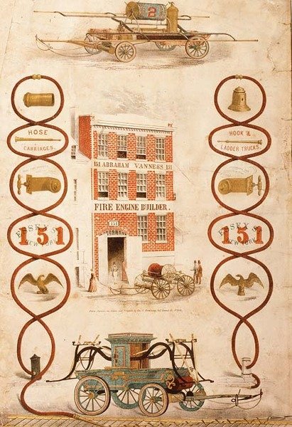 Anuncio de Abraham Vanness, constructor de bombas de incendios y fabricante de equipos de lucha contra incendios, pub. por Geo. G. Gratacap, Nueva York, c.1850 de American School