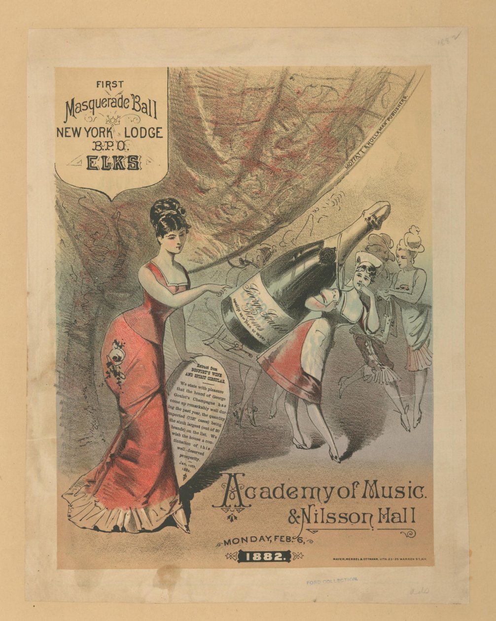 Anuncio del champán de George Goulet y un baile de máscaras en la Academia de Música y Nilsson Hall, c.1876 de American School