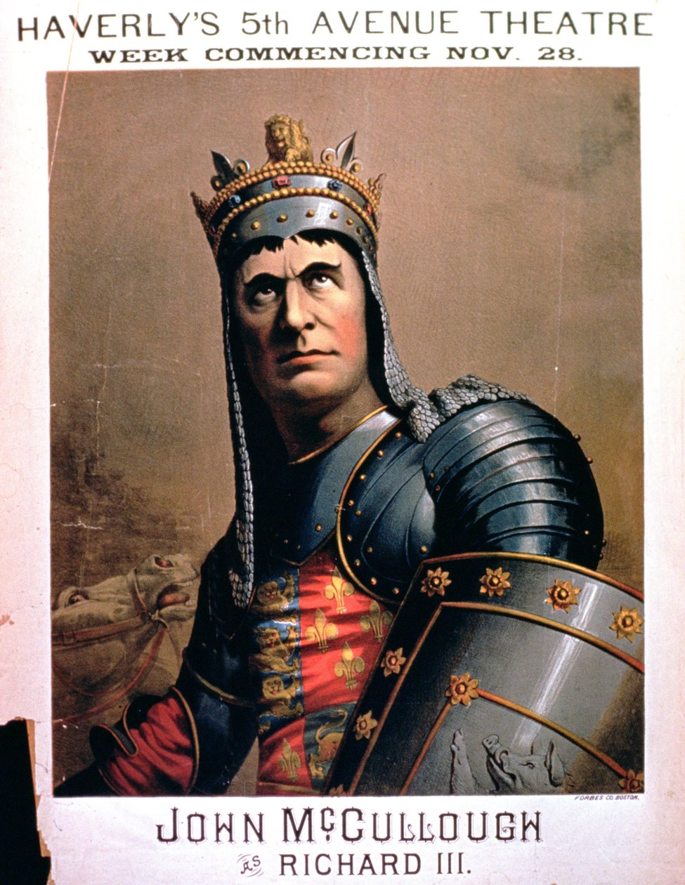 Anuncio para John McCullough como Ricardo III en el Teatro Haverlys 5th Avenue, Nueva York de American School
