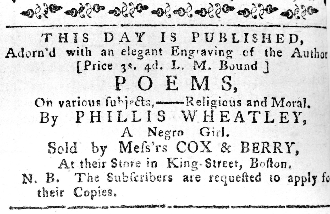 Anuncio del primer Libro de Phillis Wheatley, del Boston Gazette, 7 de febrero de 1774 de American School