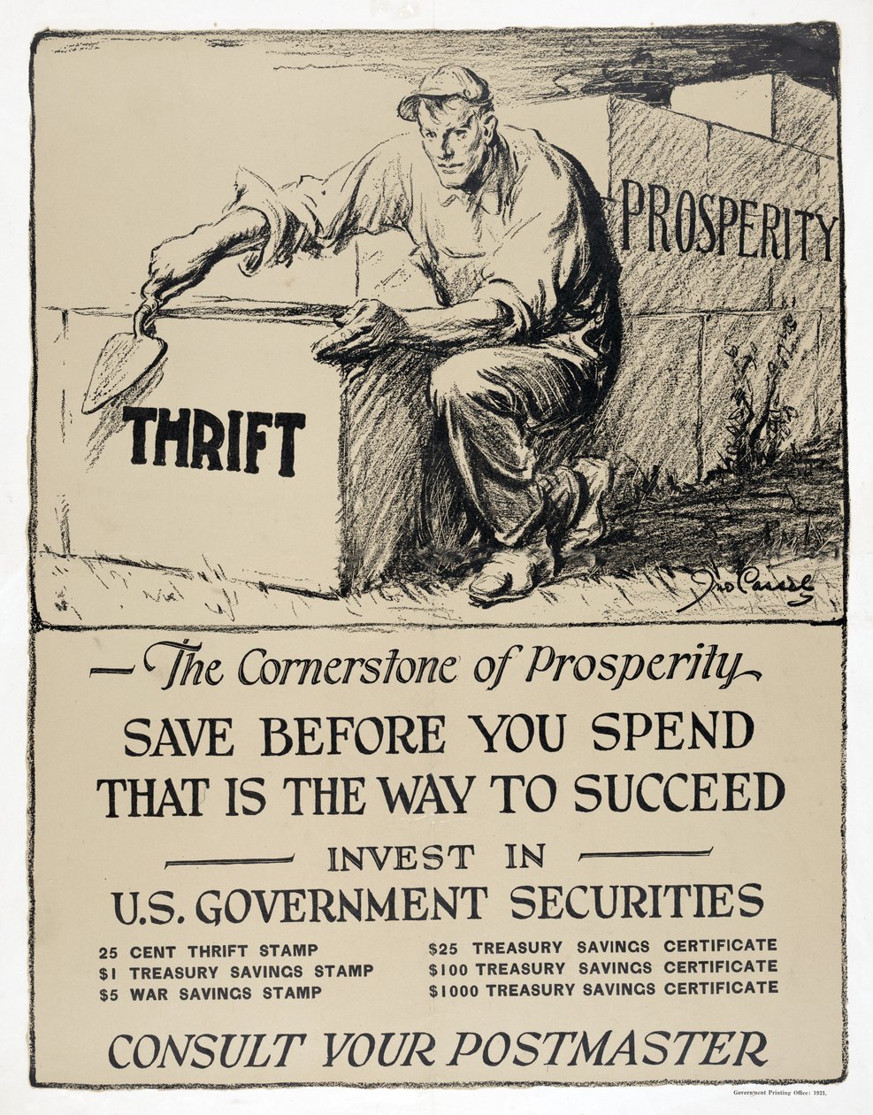 Anuncio de bonos del Gobierno de EE.UU., "La piedra angular de la prosperidad", pub.1921 (litografía) de American School