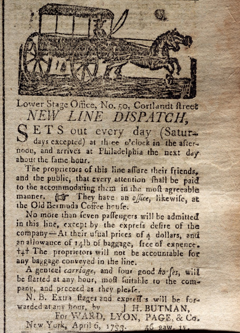 Anuncio de la Nueva Línea de Despacho, del New York Journal & Patriotic Register, 6 de abril de 1793 de American School