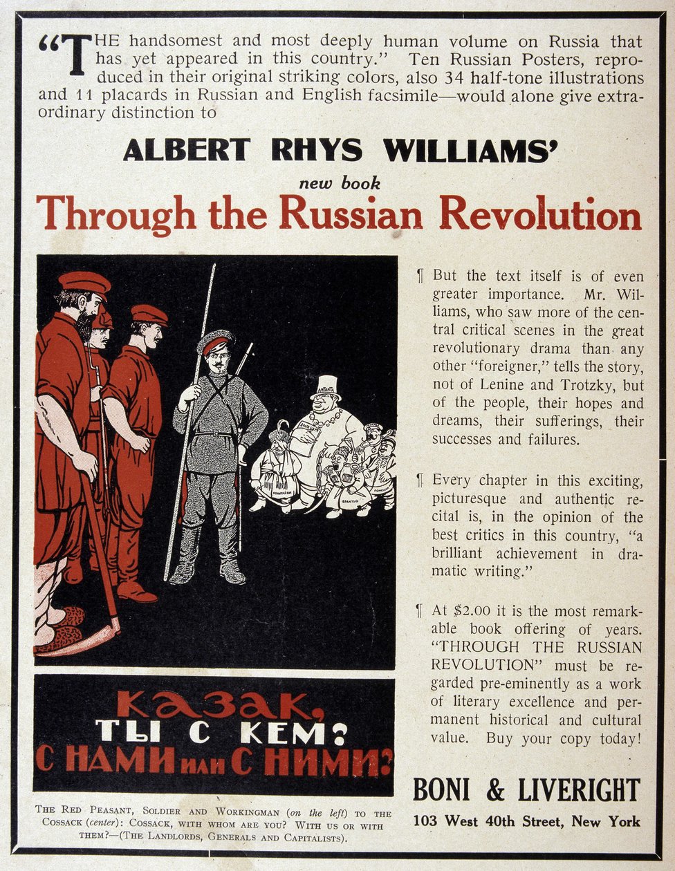 Publicidad para la venta del libro "La Revolución Rusa" de Albert Rhys Williams en una revista americana de American School