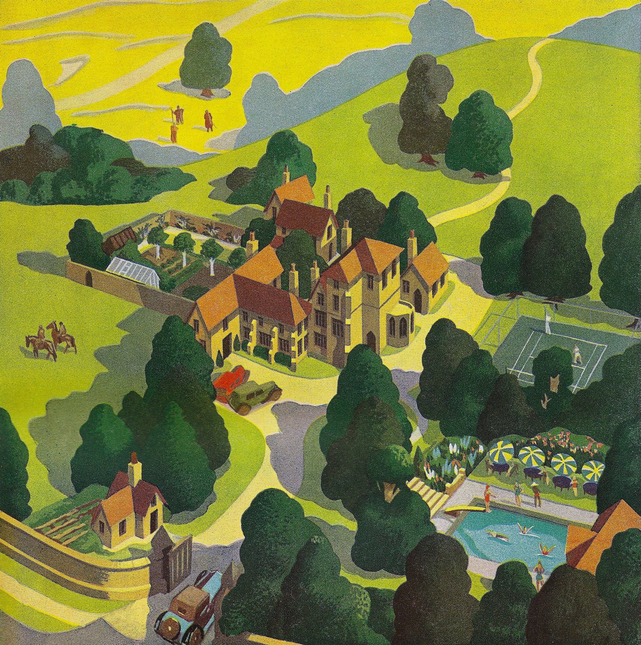 Vista aérea de un hotel rural inglés de American School