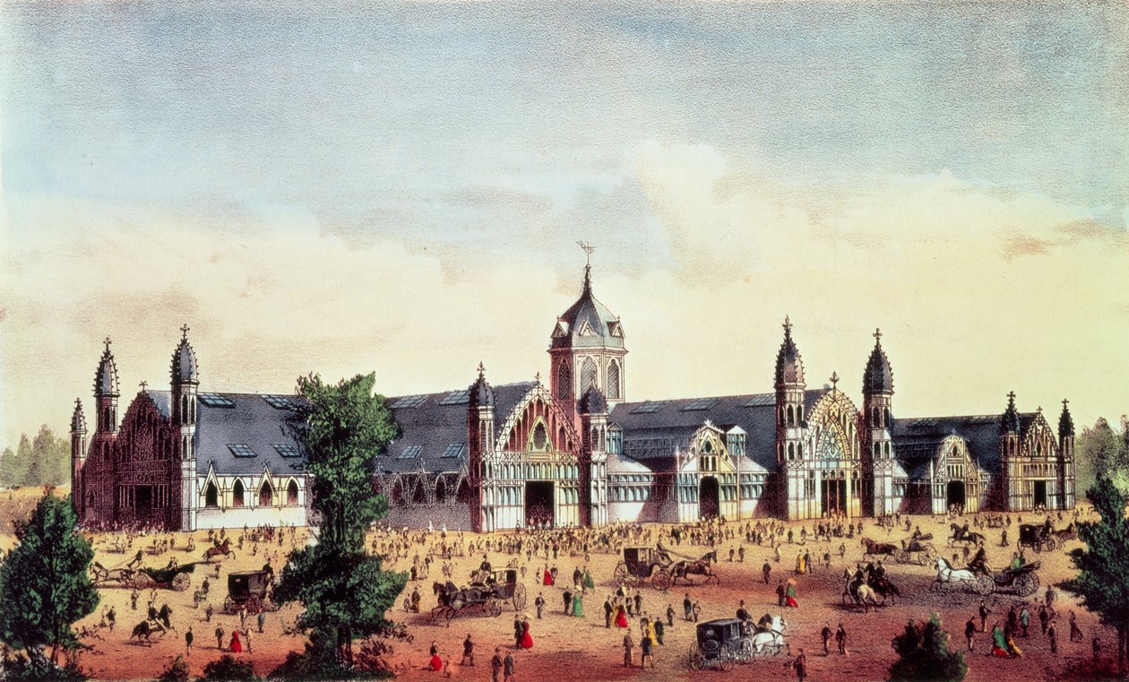 Agricultural Hall, Gran Exposición del Centenario de los Estados Unidos, Fairmount Park, Filadelfia, publicado por Currier y Ives, 1876 de American School