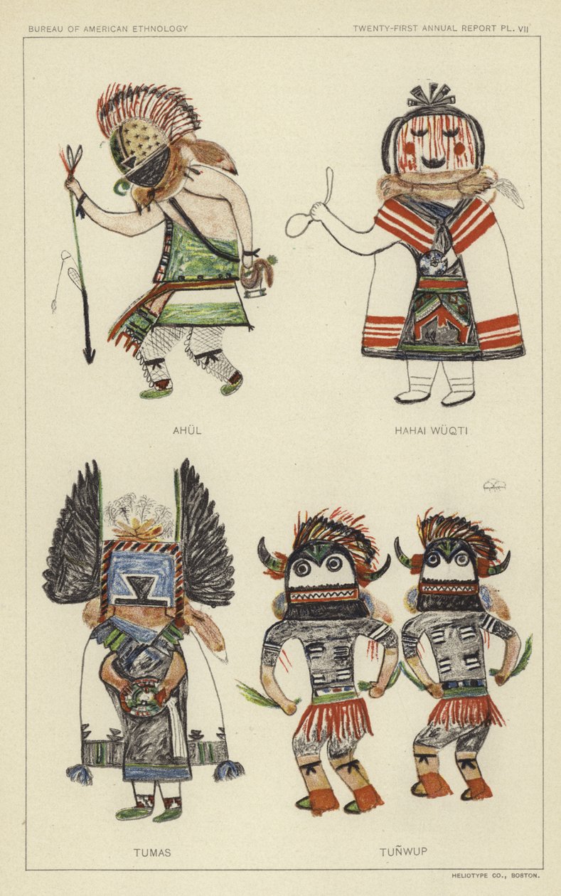 Ahul, Hahai Wuqti, Tumas, Tunwup (litografía en color) de American School
