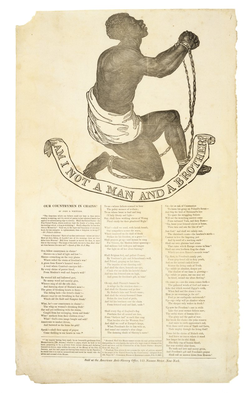 ¿No soy un hombre y un hermano?, c. 1837 (grabado en madera sobre papel tejido) de American School