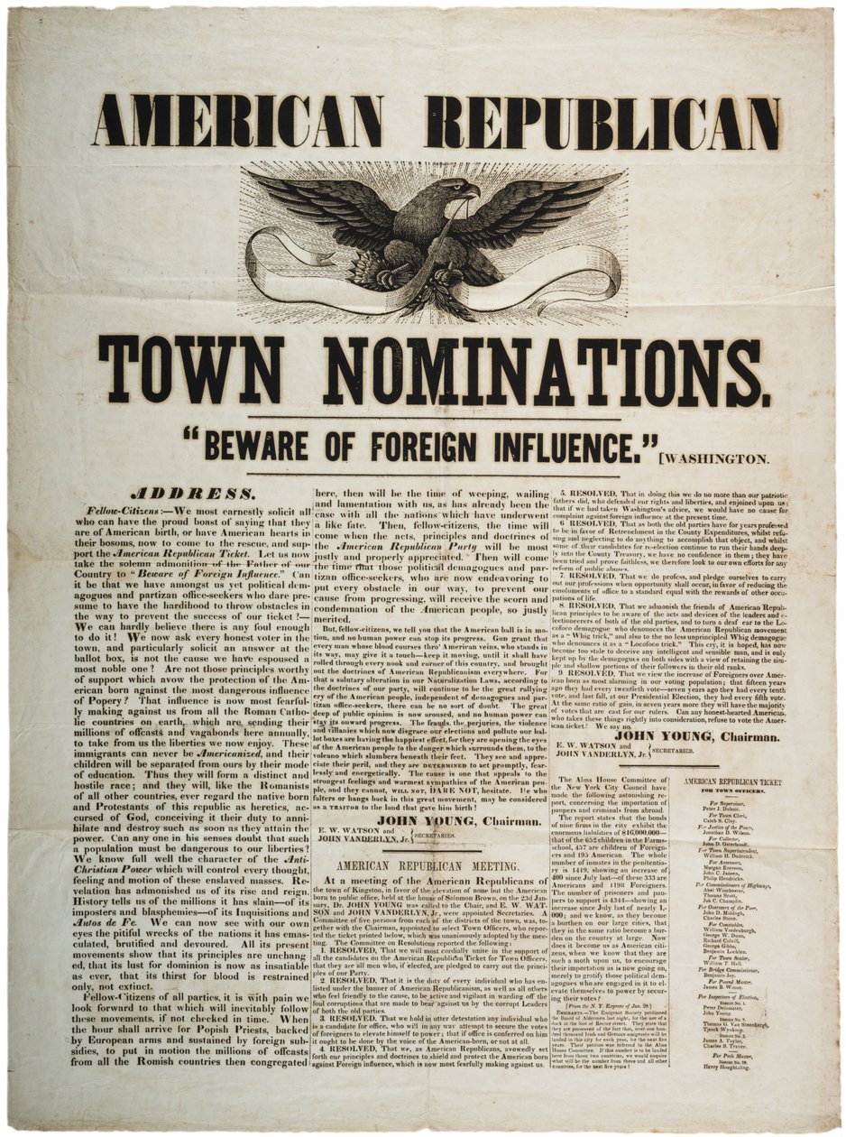Nominaciones del Pueblo Americano Republicano: Cuidado con la Influencia Extranjera, c.1845 de American School