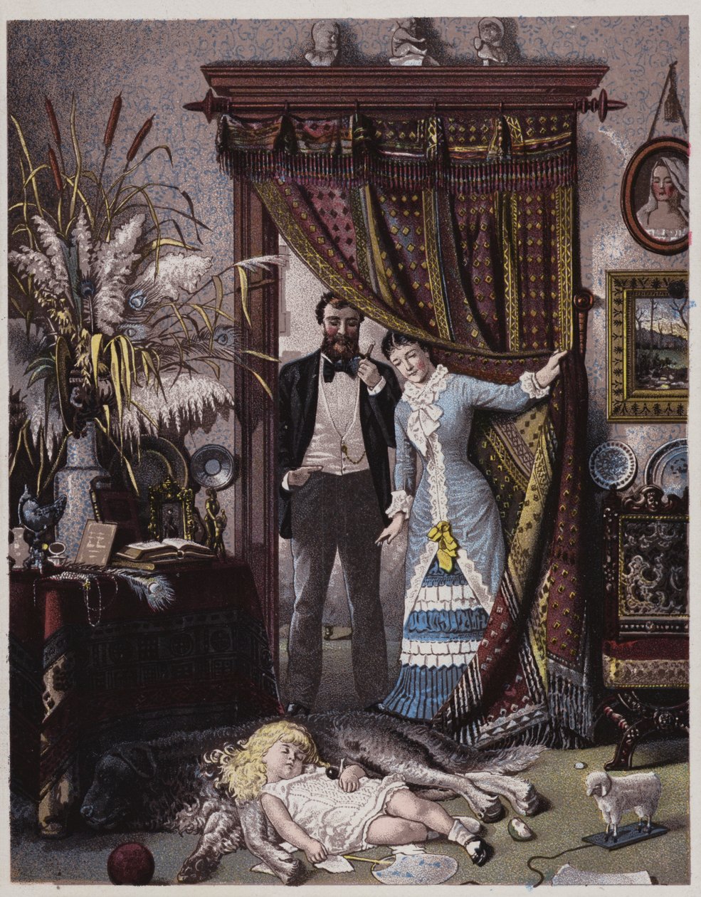 Pareja americana mirando a su hija dormida sobre el perro (litografía en color) de American School