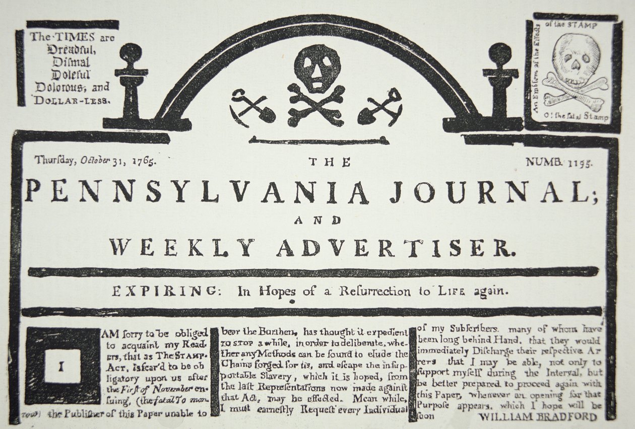 Una respuesta americana al Acta del Sello impuesta por los británicos, publicada en The Pennsylvania Journal and Weekly Advertiser el 31 de octubre de 1765 de American School
