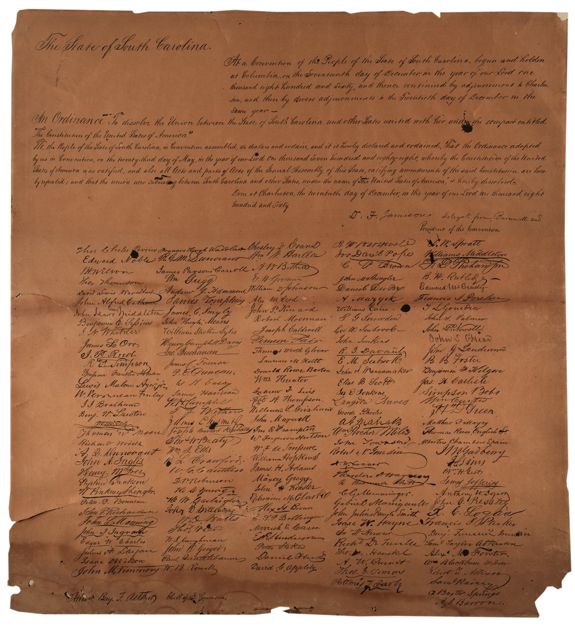 Una ordenanza para disolver la Unión entre el Estado de Carolina del Sur, 20 de diciembre de 1860, impresa en 1861 de American School