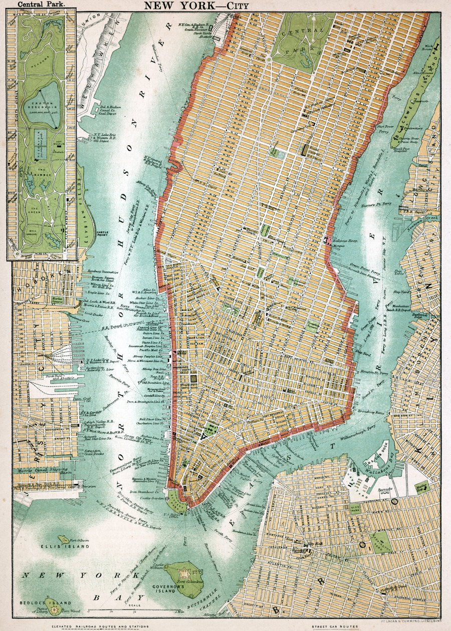Mapa antiguo de Lower Manhattan y Central Park de American School