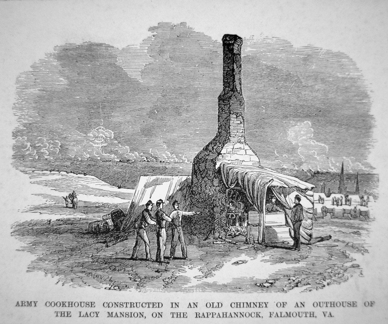 Cocina del ejército construida en una vieja chimenea de una dependencia de la mansión Lacy, en el Rappahannock, Falmouth, Virginia de American School