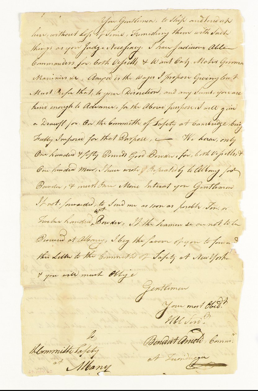 Arnold Benedict (1741-1801) General, Ejército Continental, Traidor. Carta autógrafa firmada ("Benedict Arnold Commr. at Ticonderoga") al Comité de Seguridad de Albany, Ticonderoga, 22 de mayo de 1775 (pluma y tinta sobre papel). de American School