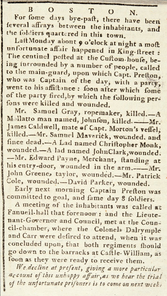 Artículo del Boston Chronicle detallando los eventos de la Masacre de Boston, 5 de marzo de 1770 de American School