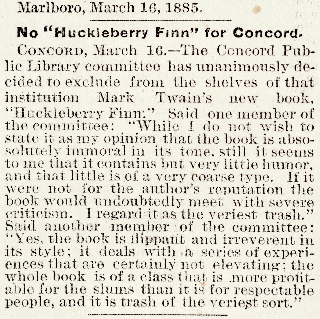 Artículo en el Boston Daily Globe sobre la prohibición de Huckleberry Finn en Concord, Massachusetts, del 16 de marzo de 1885 de American School
