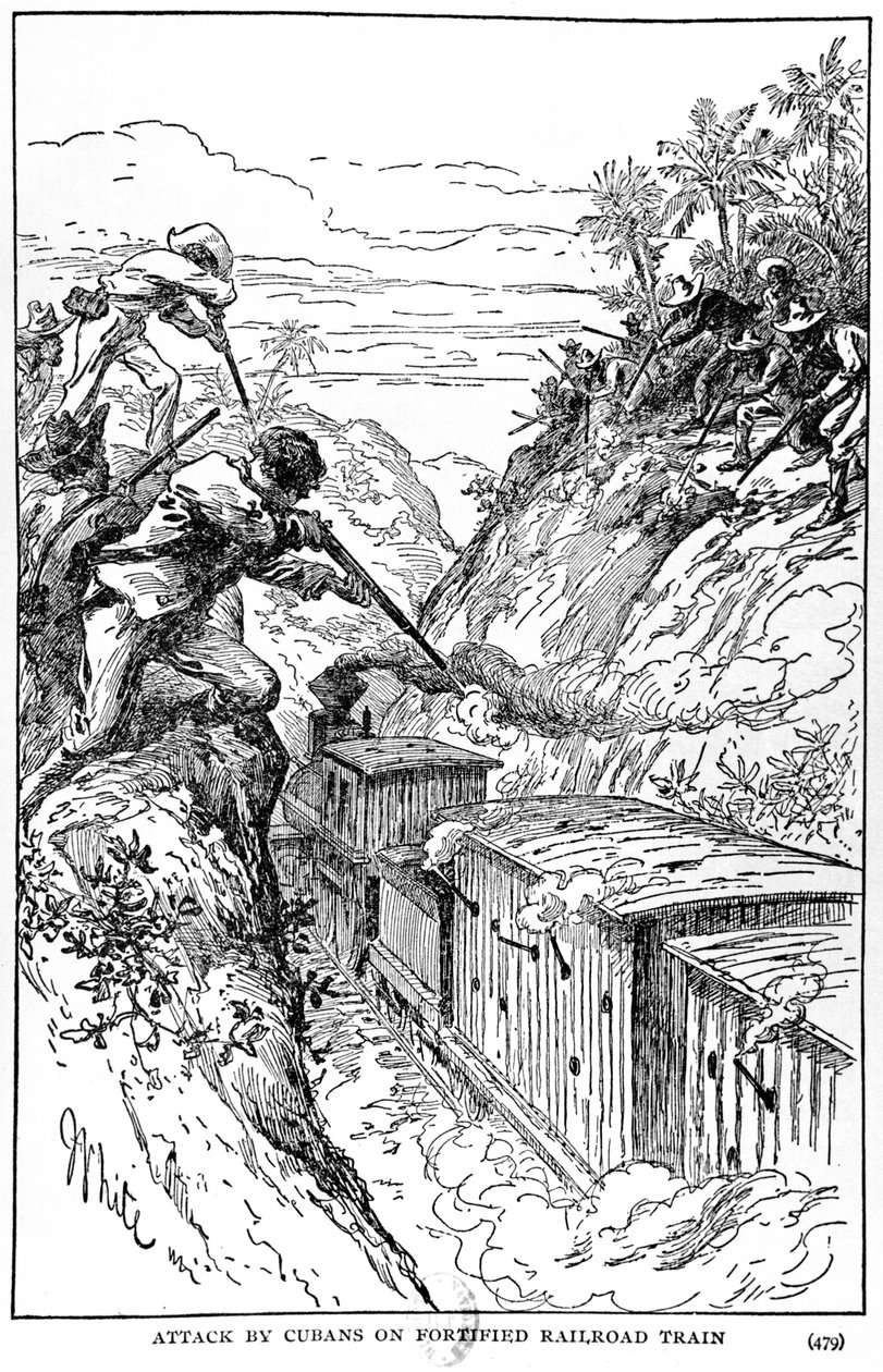 Ataque de los cubanos a un tren ferroviario fortificado, ilustración de La Historia de Cuba por Murat Halstead, publicado en 1898 de American School