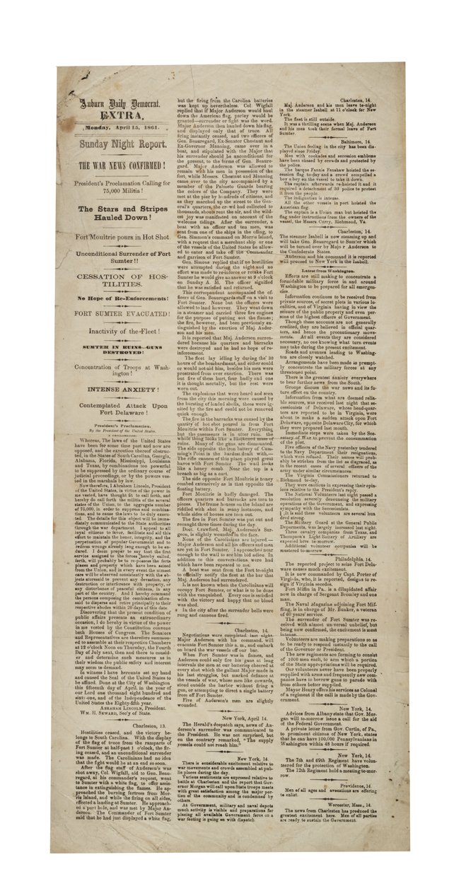 Auburn Daily Democrat Extra re: Fort Sumter, 15 de abril de 1861 de American School