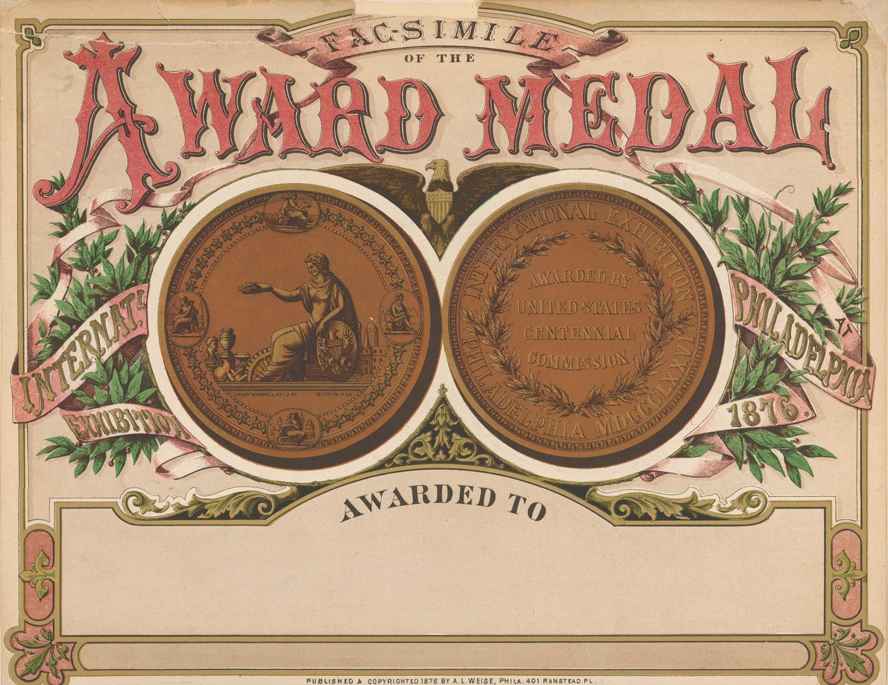 "Medalla de Premio", Álbum de Recortes de la Exposición del Centenario, 1876 de American School