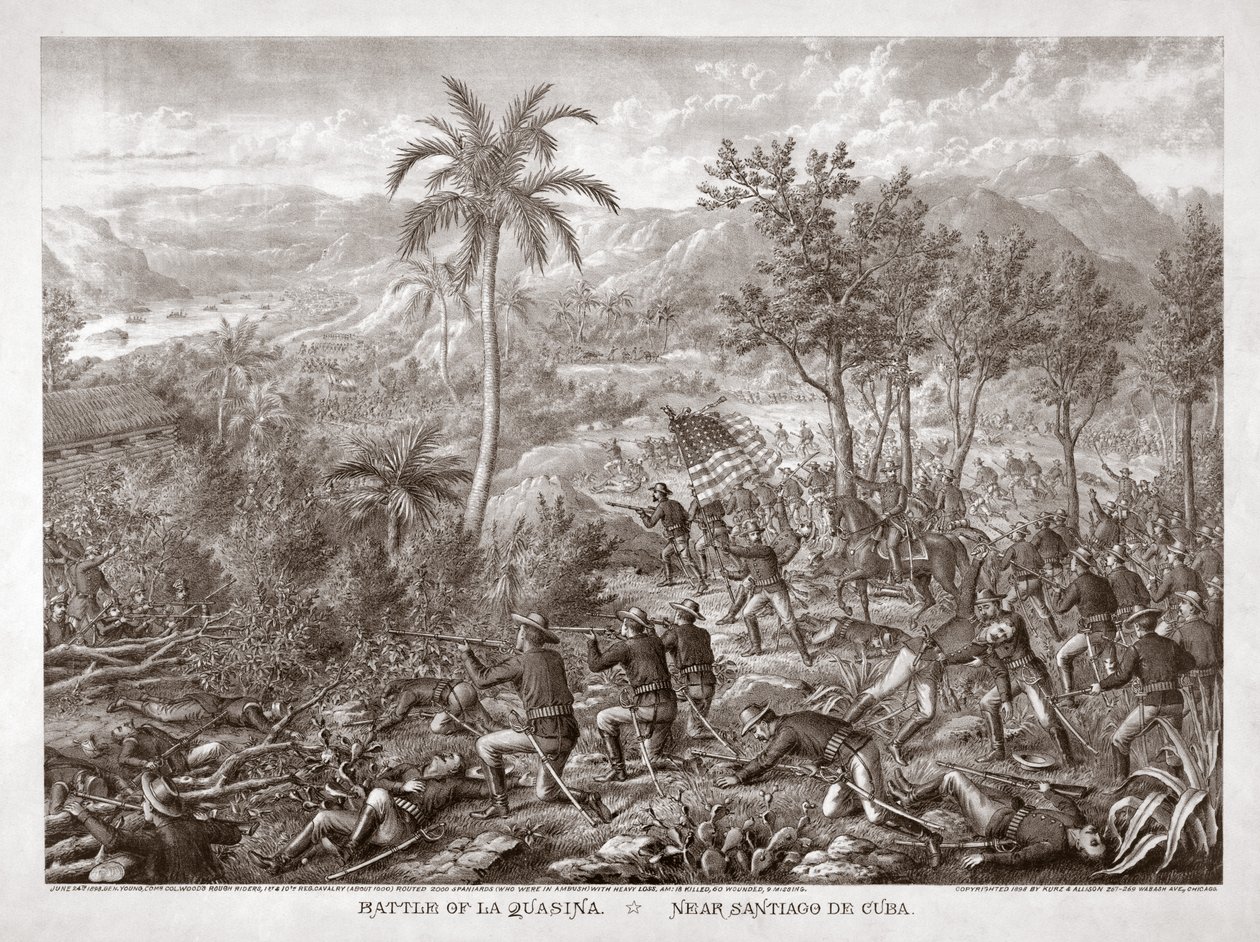 Batalla de La Quasina, cerca de Santiago de Cuba, pub. 1898 (grabado) de American School