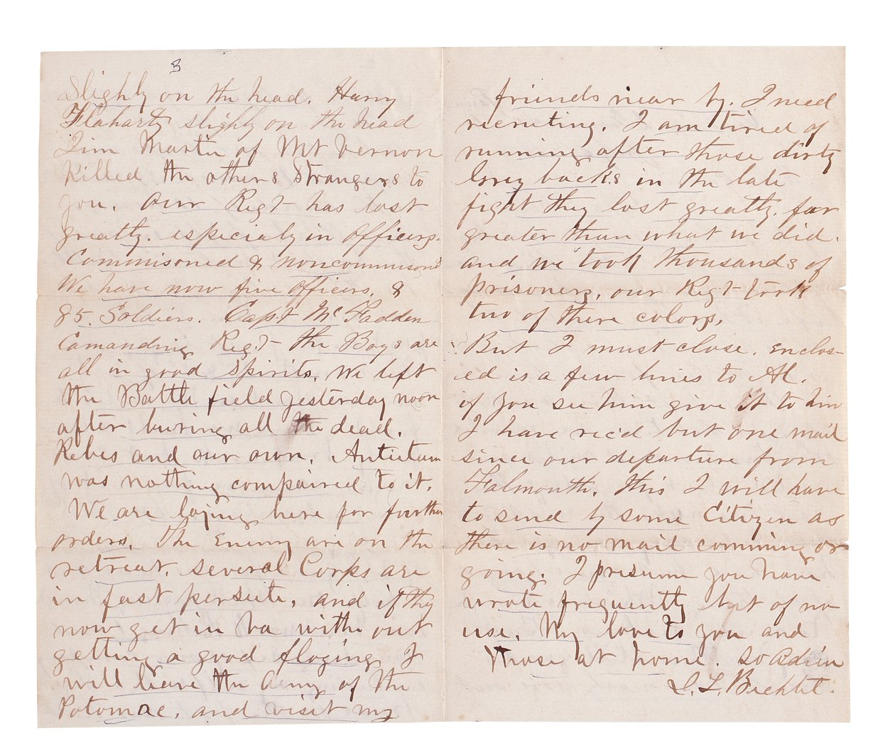 Carta de informe de batalla de G. L. Brehct (pluma y tinta sobre papel) de American School