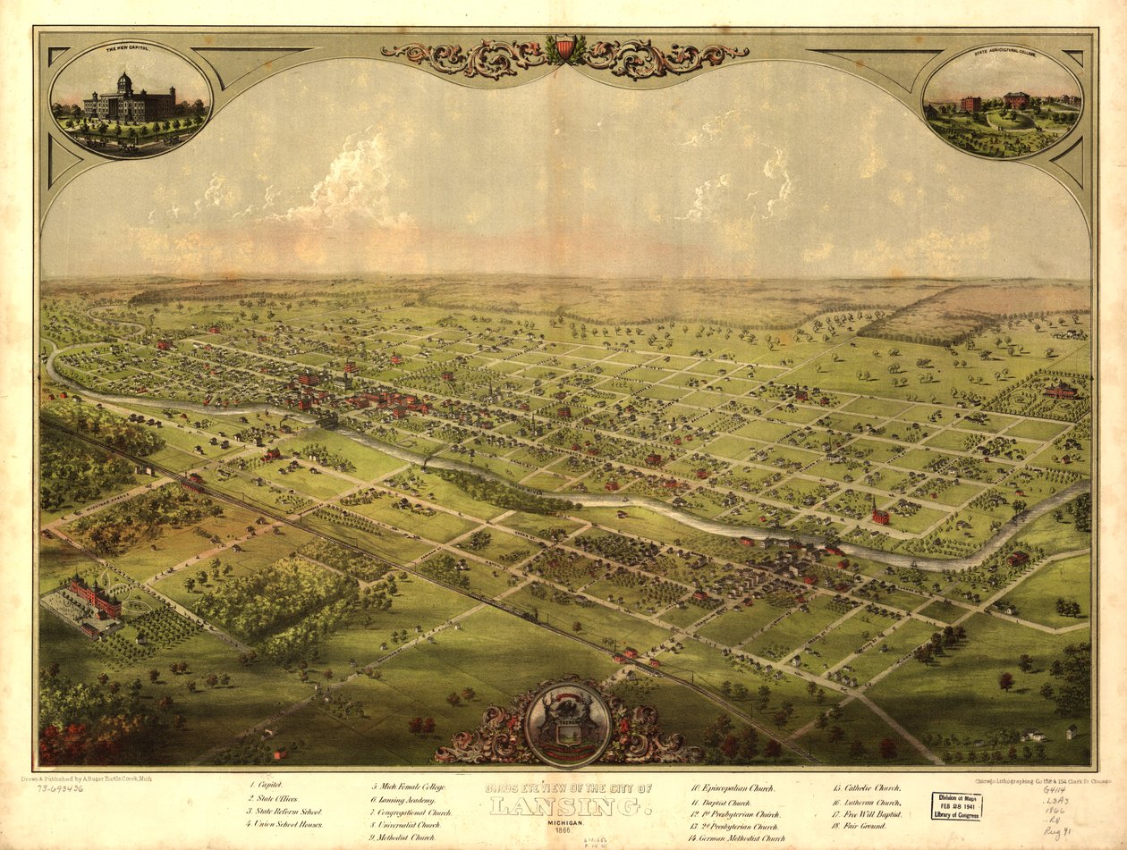 Vista aérea de la ciudad de Lansing, Michigan 1866 (litografía en color) de American School