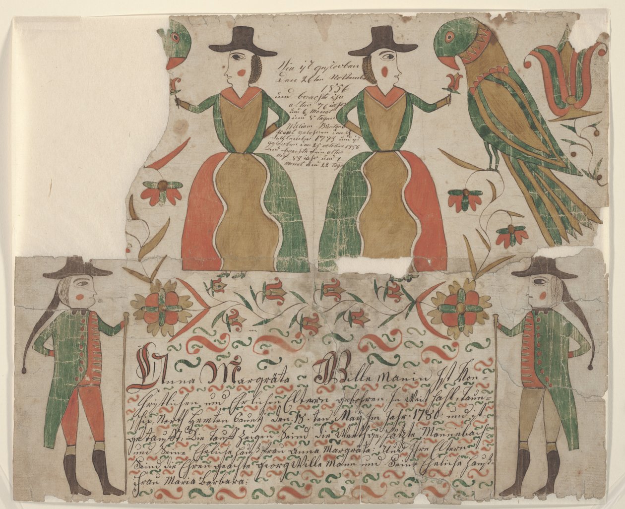 Certificado de nacimiento y bautismo de Anna Margräta Willeman, pintura Fraktur, c.1810 de American School