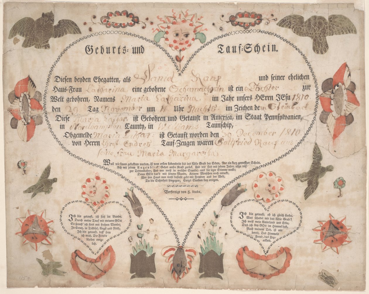 Certificado de nacimiento y bautismo para Maria Catharina Raup c.1806 de American School