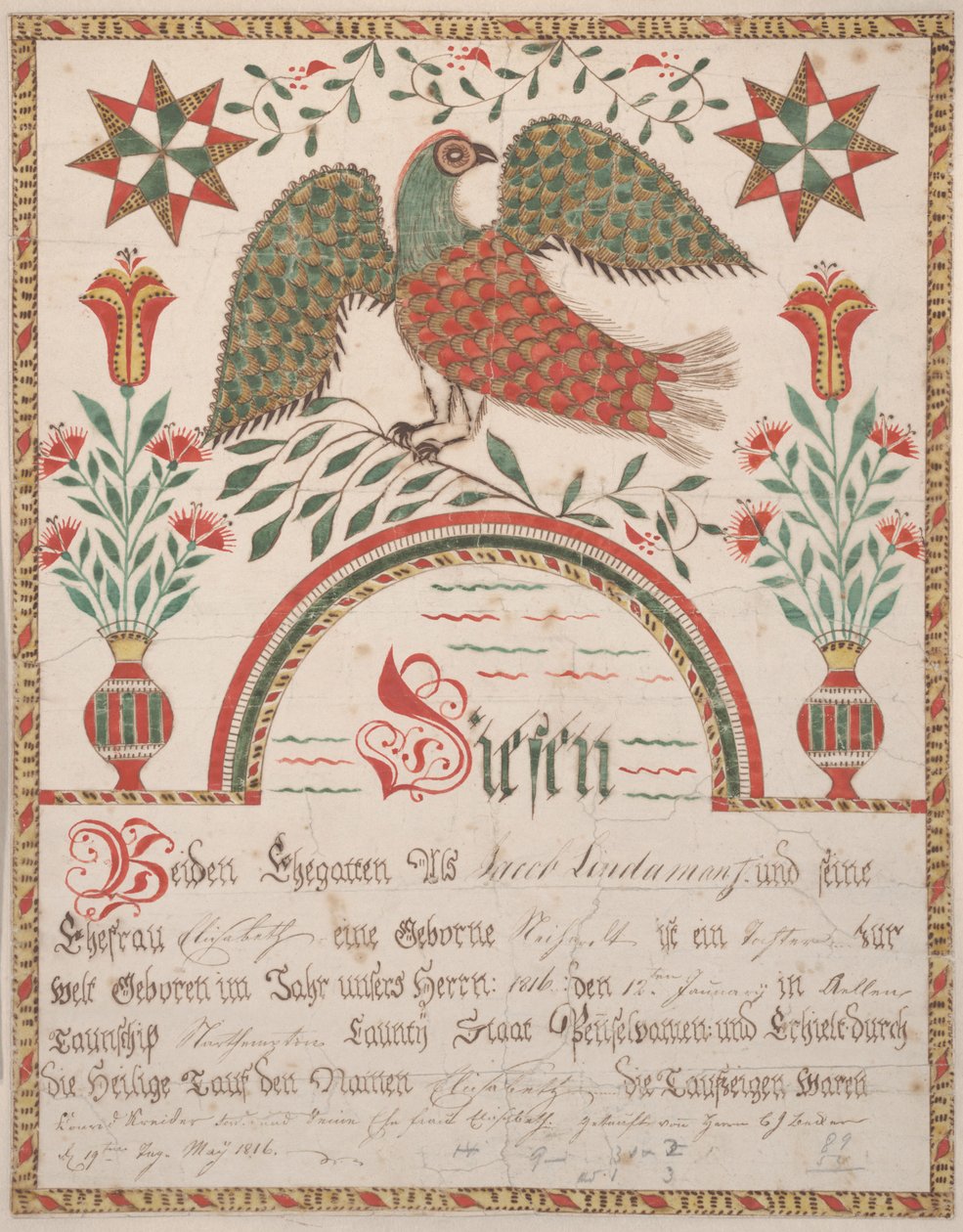 Certificado de Nacimiento y Bautismo para Elisabeth Lindaman, c.1820 de American School