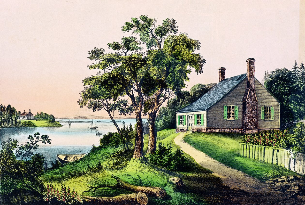 Lugar de nacimiento de George Washington en Bridges Creek, Condado de Westmoreland, Virginia, 22 de febrero de 1732, publicado por Currier e Ives de American School