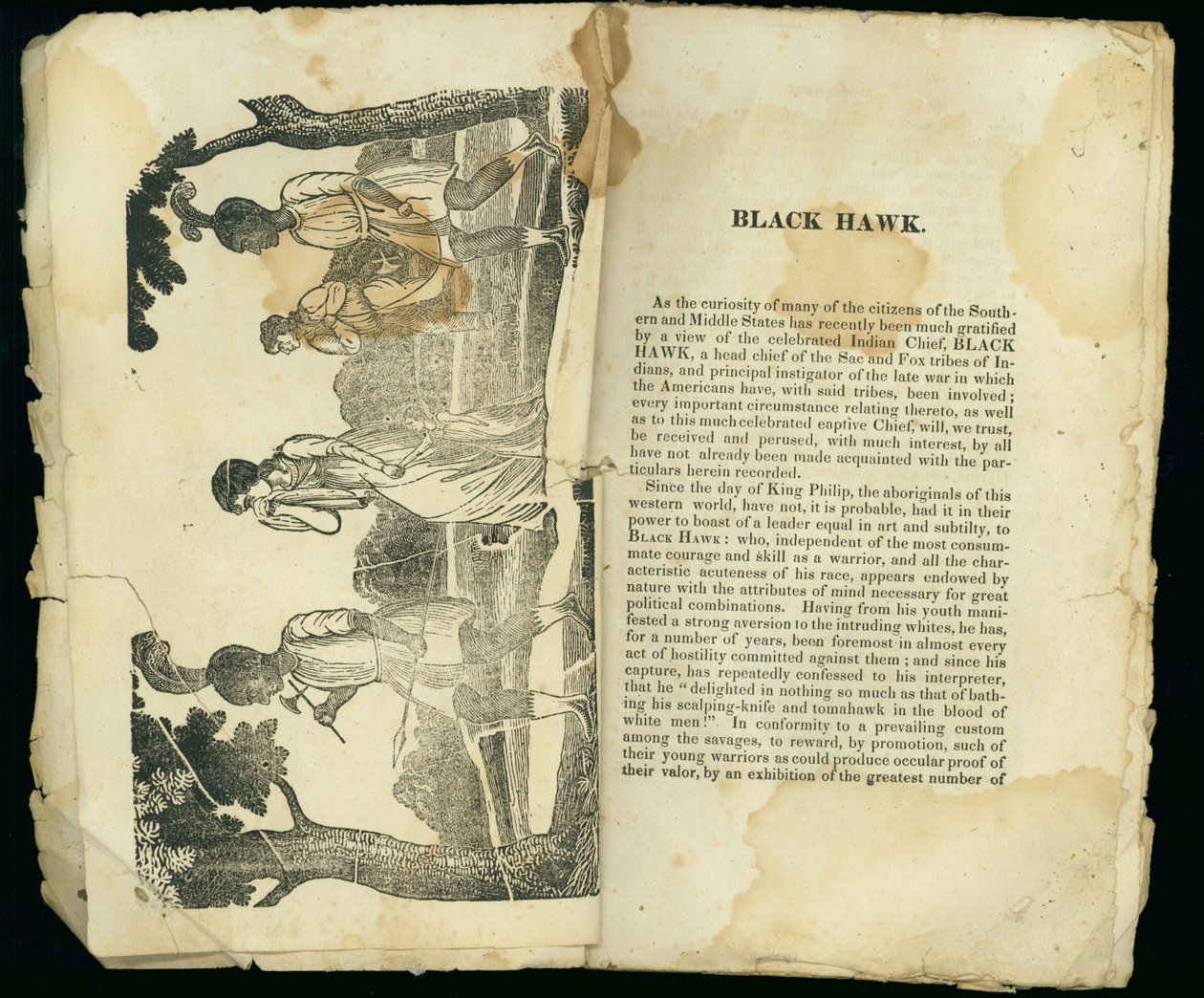 Black Hawk, de la Narrativa del cautiverio y escape providencial de la Sra. Jane Lewis, 1834 de American School