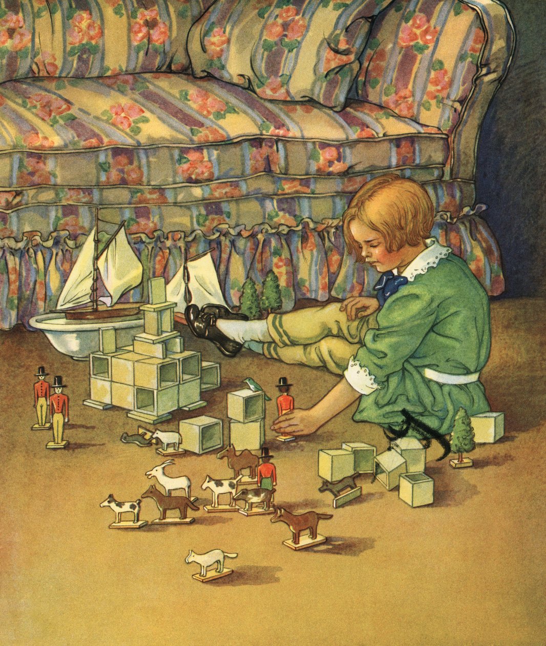 Niño jugando con soldados de juguete y bloques de American School