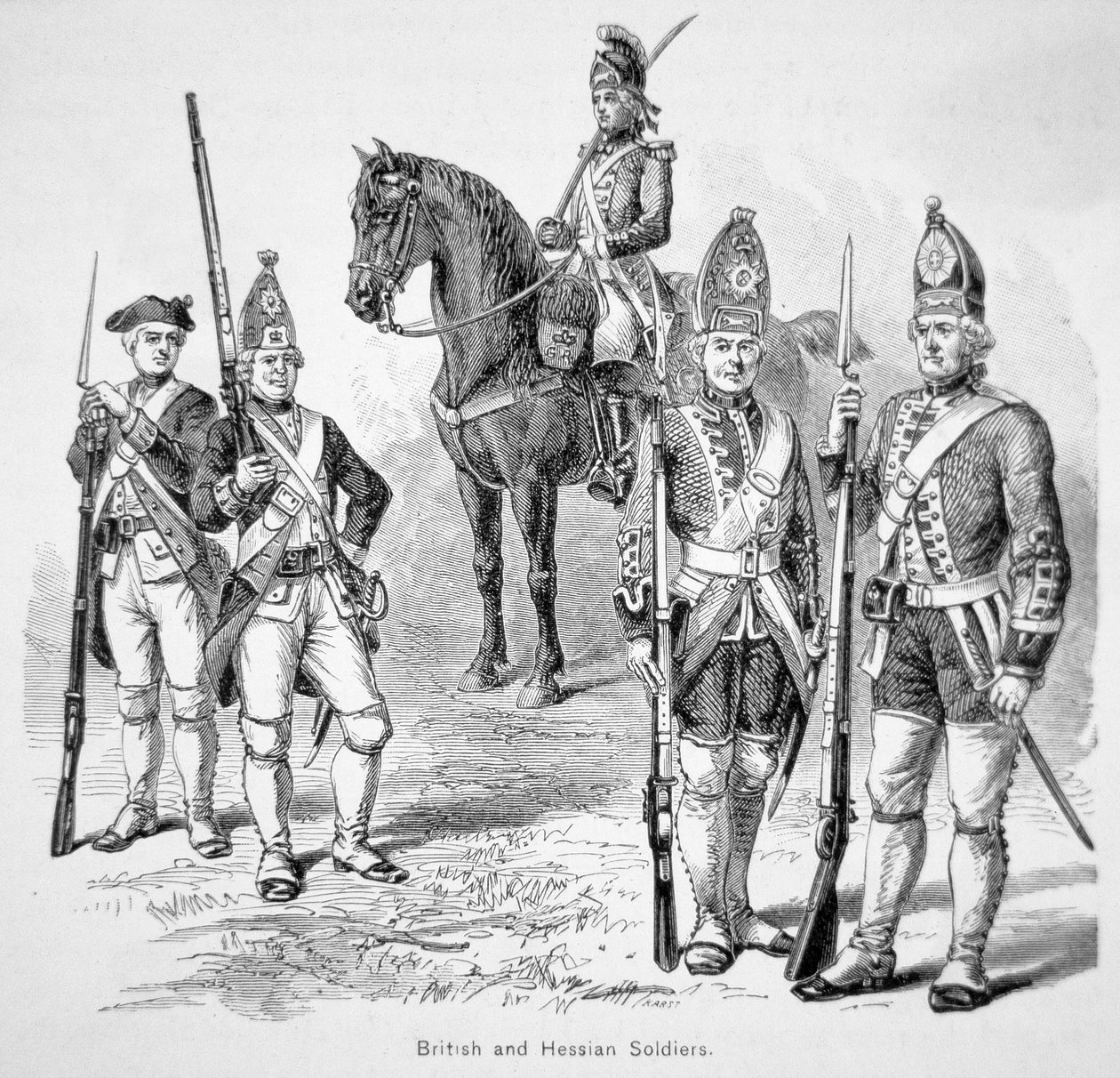 Soldado británico y hessiano, durante la Guerra de Independencia Americana de American School