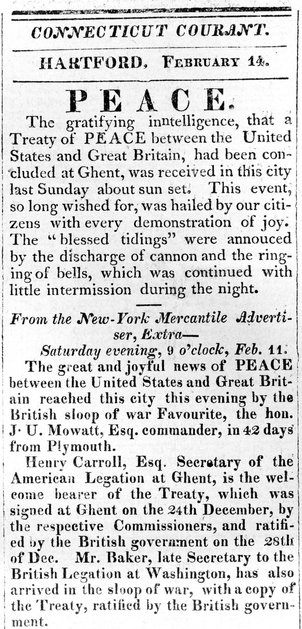 Hoja suelta anunciando la paz entre EE.UU. y Gran Bretaña después de la Guerra de 1812, impreso en el Connecticut Courant, 1815 de American School