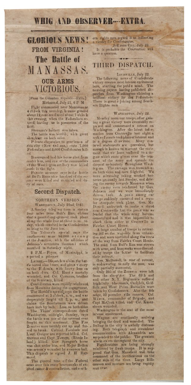 Cartel anunciando la Primera Batalla de Manassas, Whig and Observer Extra, después del 22 de julio de 1861 de American School