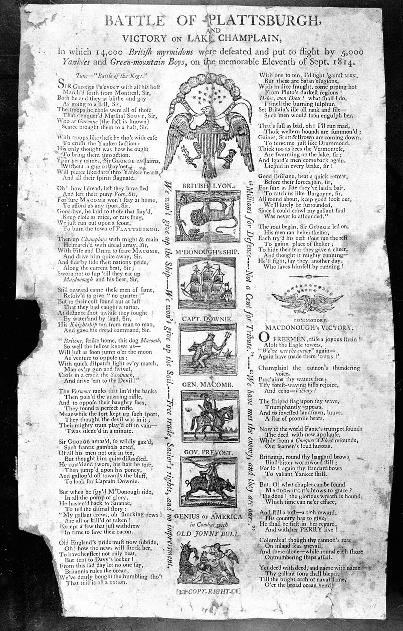 Hoja suelta de la Guerra de 1812, con la batalla de Plattsburgh y la victoria en el lago Champlain de American School