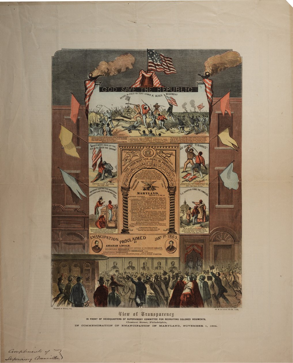Cartel sobre el reclutamiento de afroamericanos y la celebración de la emancipación en Maryland, Ringwalt & Brown, c.1 de noviembre de 1864 de American School
