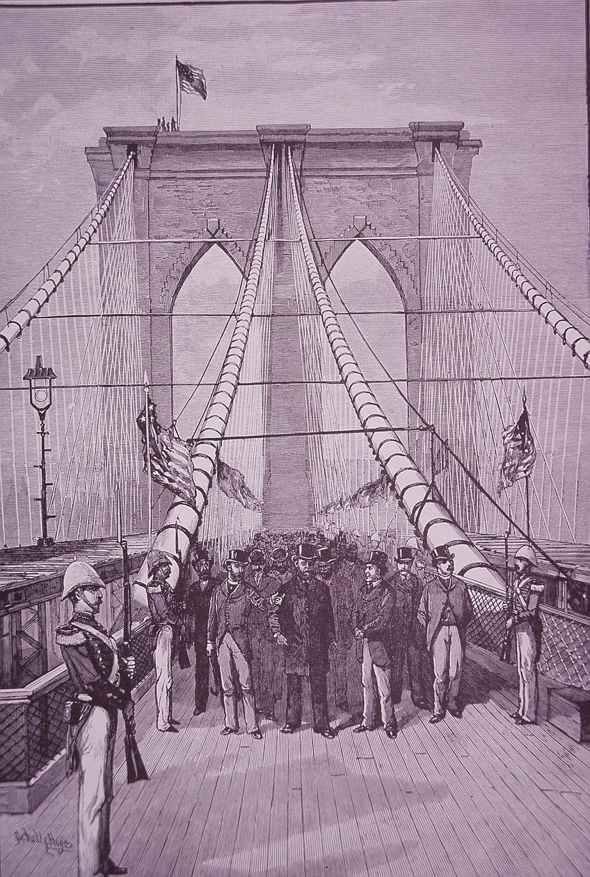 Puente de Brooklyn, el Presidente Arthur en la ceremonia de apertura, 24 de mayo de 1883 (grabado) de American School