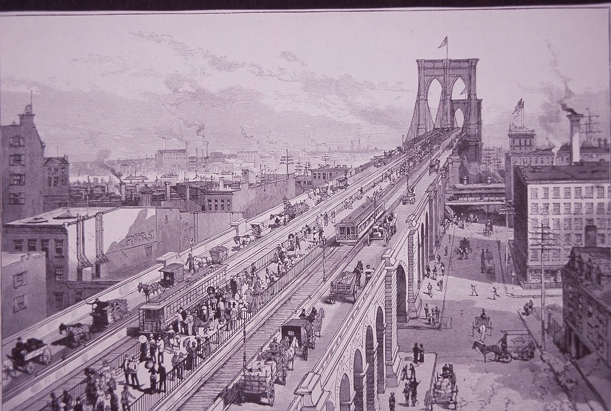 Puente de Brooklyn justo después de la ceremonia de apertura, publicado el 26 de mayo de 1883 (grabado) de American School