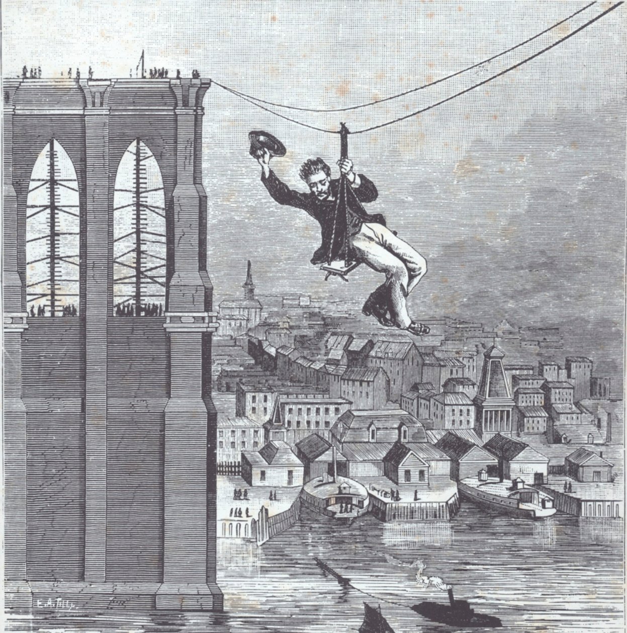 Puente de Brooklyn en construcción; el Sr. Farrington, supervisor jefe de construcción, es el primero en cruzar el tramo entre los dos pilares el 25 de agosto de 1876 (grabado) de American School