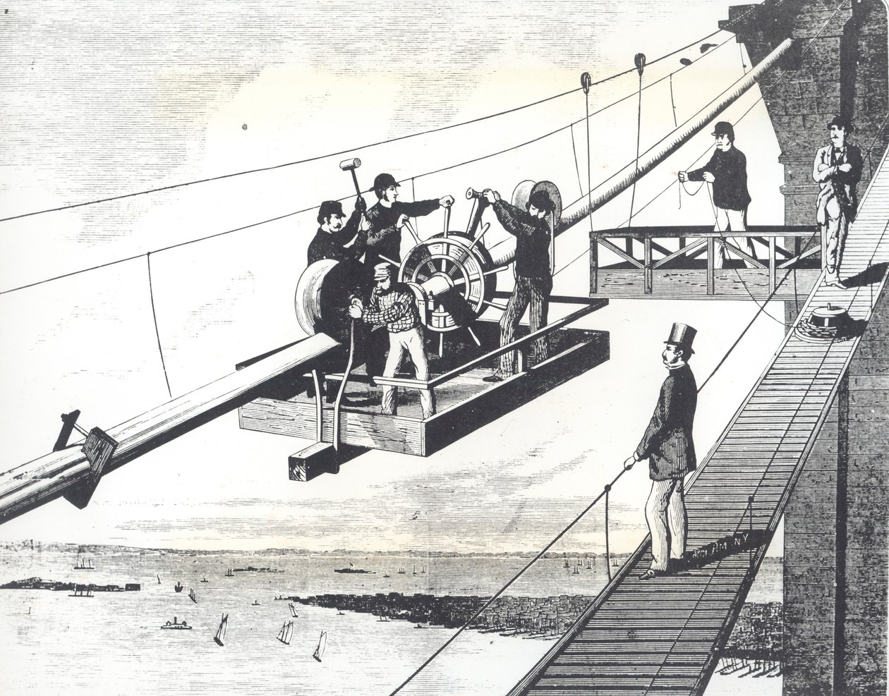 Puente de Brooklyn en construcción en 1876, trenzando los cables de suspensión (grabado) de American School