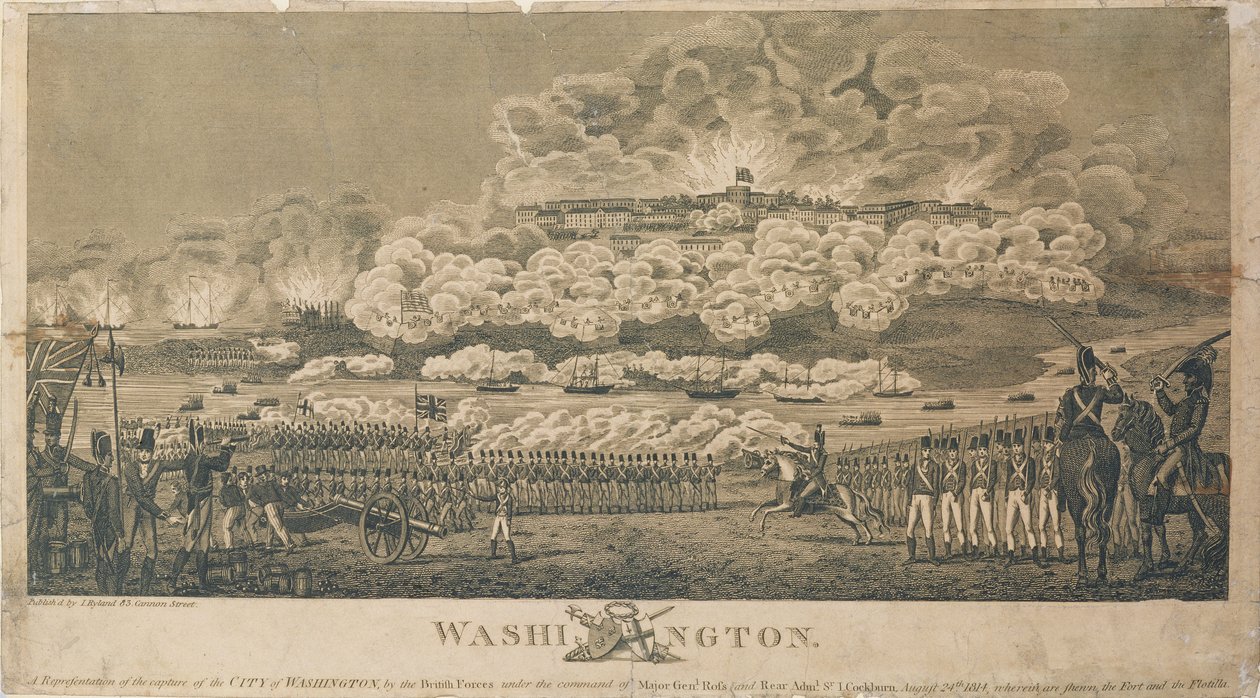 Incendio de Washington por los británicos, 24 de agosto de 1814, publicado por I. Ryland de American School