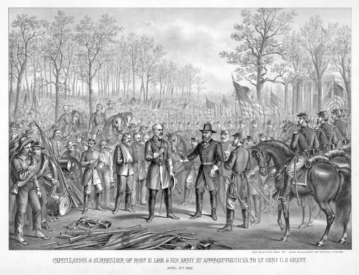 Capitulación y rendición de Robt. E. Lee y su ejército en Appomattox Chi., Va. a Lt. Genl. U.S. Grant, 9 de abril de 1865, pub. 1885 de American School