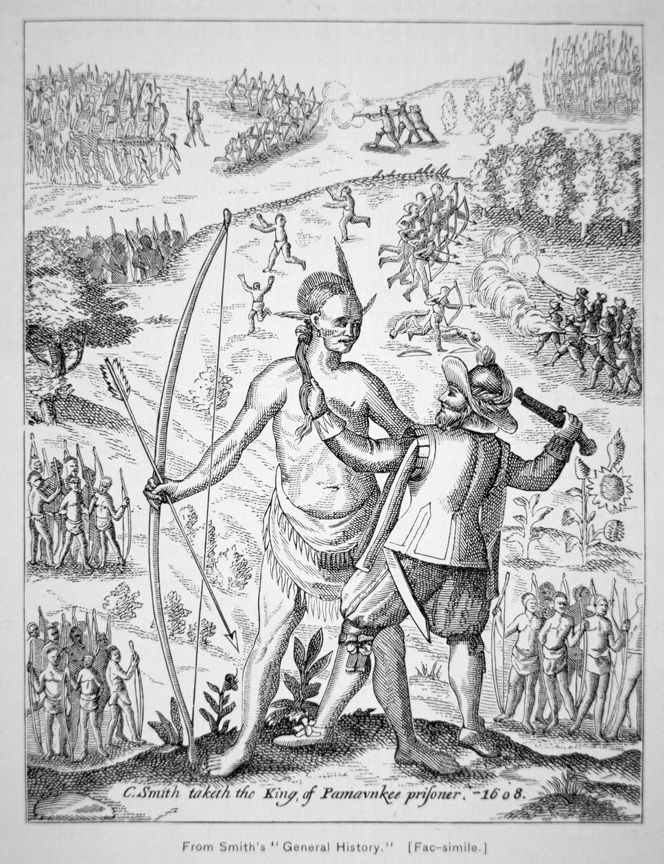 El capitán John Smith (1580-1631) capturando a un jefe indio en 1608, de la 